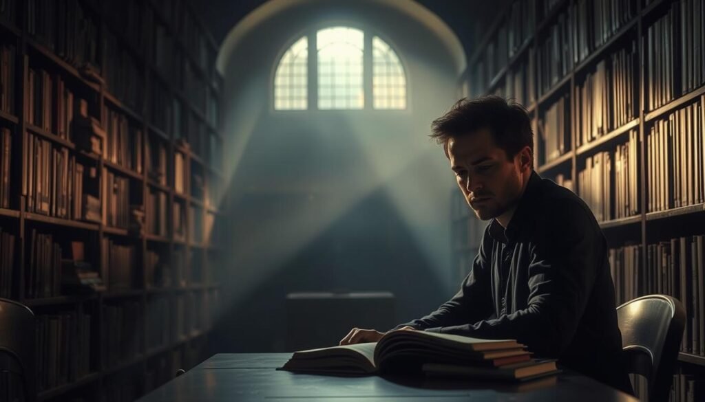 A dimly lit library interior, with shelves of forgotten books casting long shadows. In the foreground, a person sits at a desk, struggling to focus on the book before them, their expression pensive and weary. The background is hazy, with a sense of unease and a vague feeling of being lost among the stacks. Warm, muted lighting filters through the dusty air, creating a sense of melancholy and introspection. The scene conveys the challenges and frustrations of navigating the mysteries of one's own subconscious, as symbolized by the labyrinth of knowledge within the library.