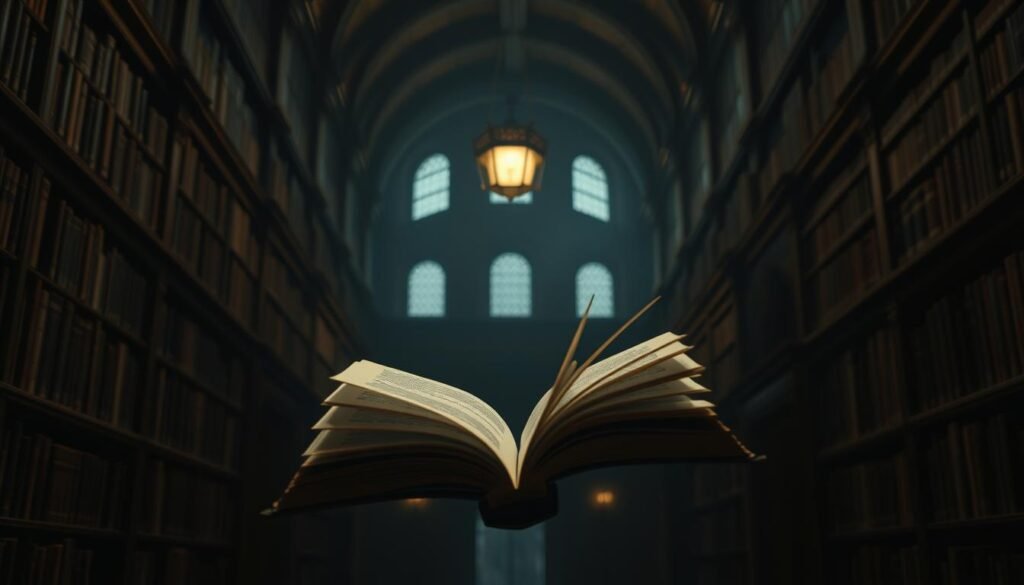 A dimly lit library, its shelves lined with forgotten volumes, casts an air of mystery. In the foreground, an open book hovers, its pages fluttering as if beckoning the viewer to uncover its hidden meanings. Soft, warm lighting illuminates the scene, creating an atmosphere of introspection and contemplation. The library's architecture, with its towering ceilings and ornate details, suggests a sense of timelessness and the weight of accumulated knowledge. In the background, the shadows conceal the answers to unspoken questions, inviting the viewer to delve deeper into the recesses of their own subconscious.
