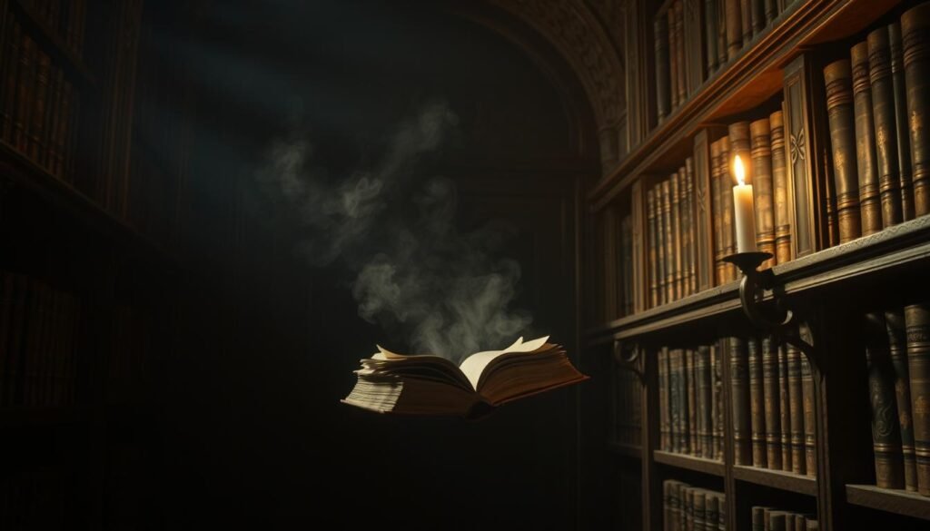 A dimly lit library, shelves of ancient tomes lining the walls, their weathered spines whispering secrets. In the shadowy corner, a leather-bound book levitates, its pages fluttering as if beckoning the viewer to uncover its hidden knowledge. Dust motes dance in the warm glow of a single candle, casting an ethereal light that reveals the ornate carvings on the bookshelves. The atmosphere is heavy with anticipation, as if the library itself is guarding the answers to unspoken questions.