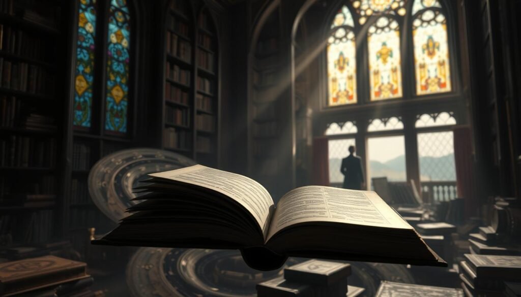 A dimly lit library, where sunlight filters through stained glass windows, casting a soft, dreamlike glow. In the foreground, an open book floats, its pages turning as if guided by unseen forces. Surrounding it, a swirling vortex of forgotten tomes and symbols, representing the hidden knowledge and truths within. In the middle ground, a lone figure stands, hand outstretched, fingers tracing the intricate patterns on the book's cover, seeking to unlock its secrets. The background fades into a hazy, ethereal landscape, hinting at the mysteries that lie beyond the realm of the conscious mind.