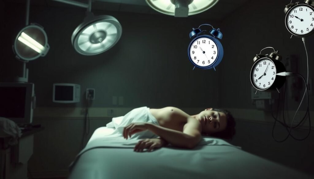 A dimly lit medical examination room, with a faint glow from overhead surgical lamps casting shadows on the wall. In the foreground, a person lies on an examination table, their body partially obscured by monitoring devices and medical instruments. Surrounding them, various triggers for seizure dreams are depicted: a flickering fluorescent light, a blaring alarm clock, and a tangle of tangled cords and wires. The atmosphere is tense and unsettling, hinting at the physical health factors that can contribute to the experience of seizure dreams.