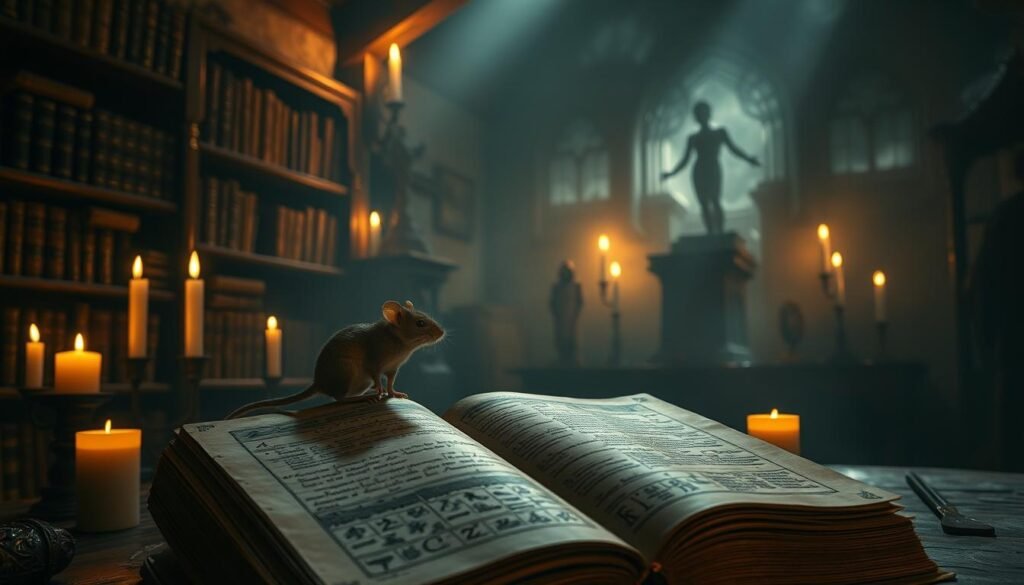 A dimly lit medieval study, illuminated by the glow of flickering candles. In the foreground, an ancient tome lies open, its pages fluttering as if by an unseen hand. Perched on the tome, a single mouse gazes intently, as if deciphering the archaic symbols and hieroglyphs. In the middle ground, shelves of leather-bound books cast long shadows, hinting at the wisdom and mysteries they contain. The background fades into a hazy, dreamlike realm, where ghostly figures and arcane symbols swirl, suggesting the profound significance of the mouse's presence in this sacrosanct space. The atmosphere is one of reverence, discovery, and the weight of centuries-old knowledge waiting to be unlocked.