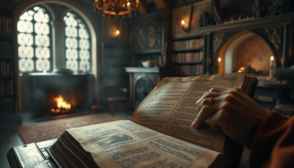 A dimly lit, medieval-style scripture room with ornate shelves, leather-bound books, and a large, ancient tome open on a wooden lectern. Soft, warm lighting from a nearby fireplace casts a cozy, reverent ambiance. In the foreground, a pair of weathered, scholarly hands gently turn the pages of the tome, revealing intricate illustrations and handwritten notes - the "Biblical Dream Interpretation Guidelines". The room's atmospheric haze and subtle dust motes suggest a sense of timelessness and sacred wisdom.