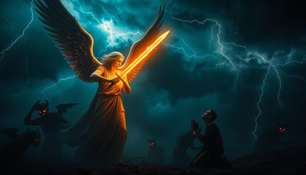 A dimly lit, mystical biblical scene depicting a spiritual battle. In the foreground, an angelic figure wielding a flaming sword, their form emanating a celestial radiance. Behind them, shadowy demonic entities writhing in the darkness, their eyes burning with malevolence. In the middle ground, a figure kneeling in prayer, their face upturned as if receiving a divine vision. In the background, a swirling, tempestuous sky, charged with ominous energy and flashes of lightning. The overall atmosphere is one of intense spiritual warfare, where the forces of light and darkness clash in a realm of dreams and visions.