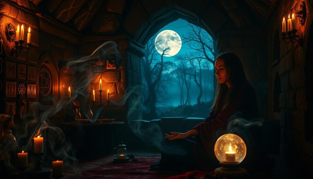 A dimly lit mystical chamber, illuminated by flickering candlelight and the ethereal glow of a crystal ball. In the foreground, a wise, robed witch sits cross-legged, her hands gently resting on her lap as she focuses her mind, channeling ancient energies. Wisps of mystical smoke curl around her, carrying the scent of sage and incense. In the middle ground, arcane symbols and runes are etched into the weathered stone walls, radiating a sense of timeless wisdom. The background depicts a panoramic view of a distant, moonlit forest, hinting at the deeper, primal forces that the witch seeks to harness and integrate. An atmosphere of introspection, intuition, and the merging of the physical and spiritual realms pervades the scene.