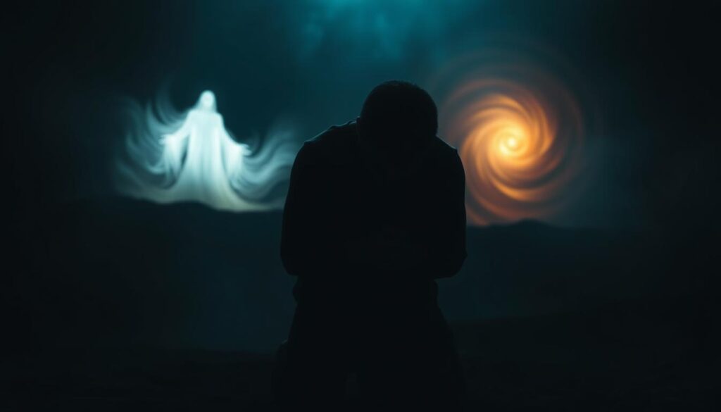 A dimly lit, mystical dream landscape. In the foreground, a shadowy figure kneels, hands clutched in an expression of spiritual struggle. Behind them, an ethereal, glowing entity emerges, its form shrouded in mist and ethereal light, representing the supernatural forces at work. In the distant background, a swirling vortex of energy and color, symbolic of the trials and tribulations of the dream interpretation process. The scene is bathed in a somber, chiaroscuro lighting, creating an atmosphere of contemplation and introspection. The overall composition evokes a sense of the profound and the otherworldly, reflecting the concept of "Spiritual Trials in Dream Interpretation".