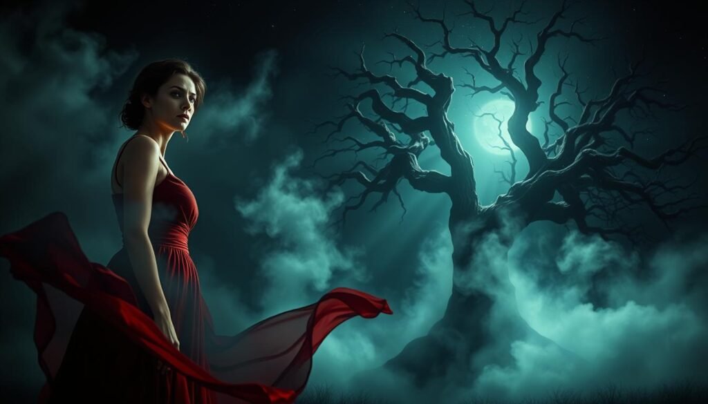 A dimly lit, mystical dreamscape unfolds. In the foreground, a woman in a flowing crimson dress stands with a pensive gaze, her expression conveying a sense of foreboding. Swirling mist shrouds the middle ground, hinting at hidden meanings and cautionary messages. In the background, an ancient tree with twisted, gnarled branches reaches up towards an ominous, starry sky, casting an eerie silhouette. Dramatic lighting filters through the scene, creating deep shadows and highlights that heighten the sense of tension and unease. The overall atmosphere is one of premonition, where the boundaries between dream and reality blur, inviting the viewer to decode the symbolic warnings within.