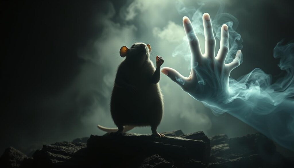 A dimly lit, mystical dreamscape where a symbolic rat stands resolutely, its movements infused with spiritual power. In the foreground, a ghostly, ethereal hand emerges, poised to deliver a decisive blow, the fingers outstretched with an aura of mystical energy. The background is shrouded in a hazy, swirling mist, evoking a sense of the subconscious and the unseen. Dramatic chiaroscuro lighting casts dramatic shadows, heightening the sense of drama and the metaphysical nature of the scene. The overall mood is one of contemplation, transformation, and the triumph of the spiritual over the physical.