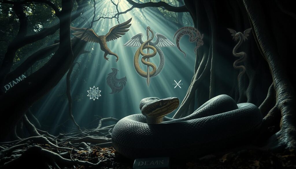 A dimly lit, mystical forest scene with ancient tree roots twisting and entwining, evoking the primal symbolism of the snake. In the foreground, a large python coiled tightly, its mesmerizing eyes gazing inwards, representing the subconscious journey of the dreamer. Rays of ethereal light filter through the canopy, creating an otherworldly, dream-like atmosphere. Floating behind the snake, overlapping cultural symbols of the serpent from various traditions - a winged serpent, a snake encircling a staff, and a dragon-like creature, all symbolic of transformation, healing, and the duality of life and death. The scene is captured with a wide-angle lens, giving a sense of depth and mystery, inviting the viewer to ponder the universal significance of the snake in dreams.