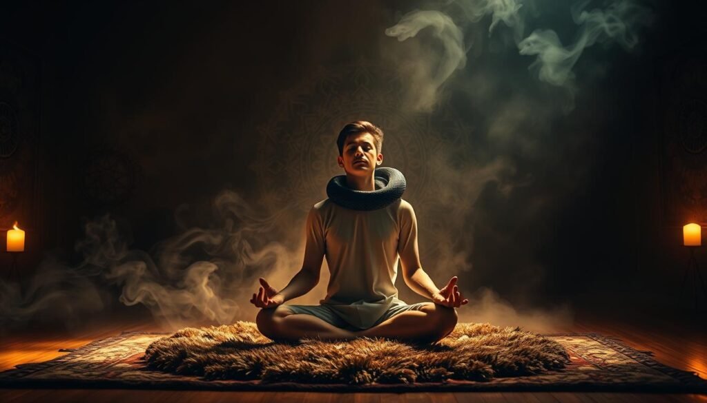 A dimly lit mystical room, with a serene atmosphere. In the foreground, a person sits cross-legged on a plush rug, eyes closed in deep meditation. Coiled around their shoulders, a large black snake appears to be whispering into their ear, as if imparting ancient wisdom. The background is filled with floating wisps of smoke, casting a dreamlike, ethereal glow. Intricate mandalas and symbols are etched into the walls, hinting at the transformative power of the snake's presence. Soft, warm lighting illuminates the scene, creating a sense of intimate, healing energy. The overall tone is one of spiritual awakening and inner growth through the symbolic connection with the black snake.