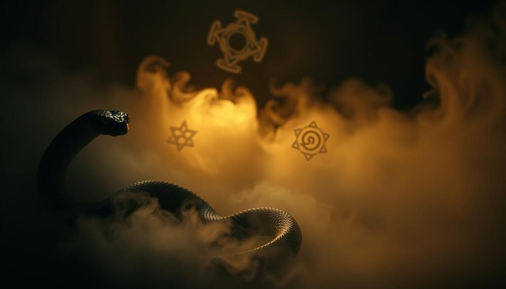 A dimly lit, mystical scene depicting the symbolic interpretation of a black snake dream. In the foreground, a coiled black serpent with piercing eyes emerges from a swirling mist, its sinuous form casting ominous shadows. In the middle ground, abstract shapes and glyphs float in the air, hinting at the hidden meanings and transformative power of the black snake. The background is shrouded in a warm, chiaroscuro lighting, creating an atmosphere of introspection and the exploration of the subconscious. Subtle, ethereal elements hint at the duality and ambiguity inherent in black snake dream symbolism.