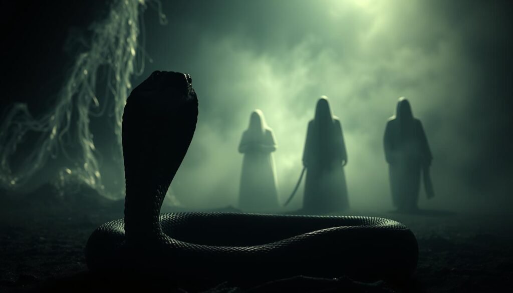 A dimly lit, mystical scene depicting various dream interpretation scenarios involving a king cobra. In the foreground, the coiled snake rears up, its hood flared, eyes piercing and intense. Behind it, a cascade of ethereal, flowing energies suggests the kundalini awakening symbolism. In the middle ground, ghostly figures emerge, each representing a different type of cobra dream - a threat, a protector, a guide. The background is shrouded in a hazy, indistinct mist, creating an atmosphere of mystery and the subconscious. Dramatic, chiaroscuro lighting casts dramatic shadows, heightening the sense of the uncanny. The overall mood is one of spiritual contemplation and the exploration of the hidden depths of the human psyche.