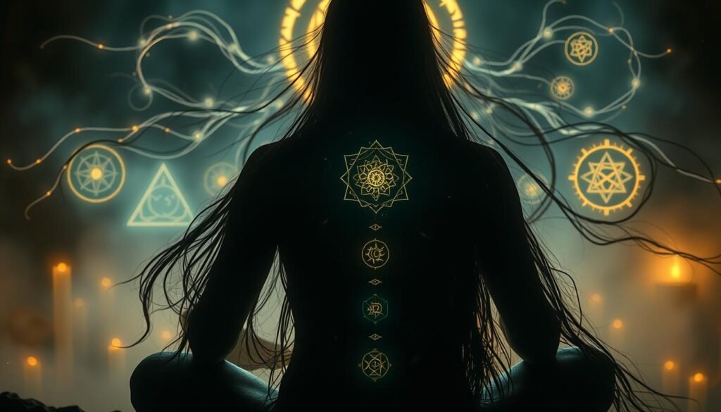 A dimly lit, mystical scene of ancient spiritual symbolism embodied in intricate, flowing hair. In the foreground, a serene figure sits cross-legged, long locks cascading down their back, infused with glowing, otherworldly energy. The middle ground reveals wispy, ethereal tendrils of hair intertwining with delicate, glowing symbols and geometric patterns, suggesting a deep connection between the physical and the divine. The background is shrouded in a veil of mist, hinting at the mysteries of the subconscious mind. Soft, warm lighting accentuates the mystical atmosphere, casting a reverent glow upon the scene. This image evokes a sense of ancient wisdom, spiritual awakening, and the untapped power of the human form.