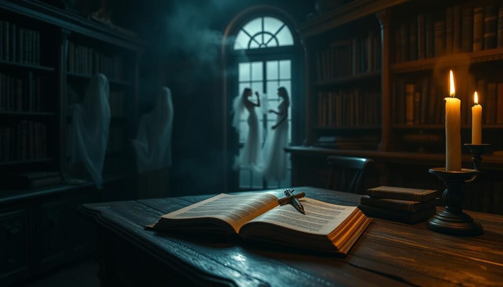 A dimly lit, mystical study with an aged wooden desk and shelves filled with ancient tomes. On the desk, an open leather-bound book and a quill pen, suggesting the recording of profound insights. In the shadowy background, ghostly figures appear, hinting at otherworldly presences. Soft, warm lighting emanates from a flickering candle, casting an ethereal glow and evoking a sense of the divine. The scene conveys a sense of contemplation, the intersection of the physical and spiritual realms, and the power of prophetic dreams within a biblical context.