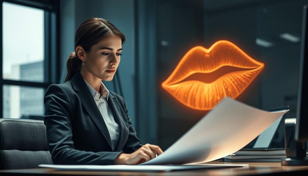 A dimly lit office setting, with a professional woman in a crisp suit gazing pensively at a document on her desk. Behind her, an abstract visualization of a pair of lips taking the form of a glowing, ethereal dream symbol, casting a soft, warm light across the scene. The woman's expression is one of contemplation, as if the "kiss dream" holds profound significance for her career progression. The composition is balanced, with the woman's figure grounded in the foreground and the symbolic dream element hovering in the background, creating a sense of introspection and connection between the professional and the subconscious.