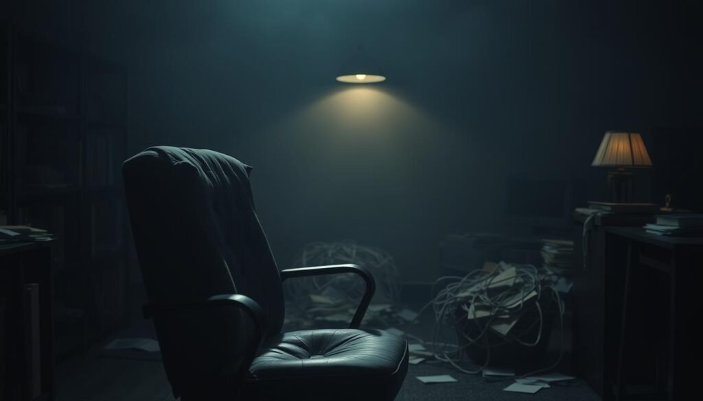 A dimly lit office space, with shadows casting an ominous atmosphere. In the foreground, a tattered and worn-out office chair takes center stage, hinting at the mental strain and exhaustion of dealing with disturbing dreams. The middle ground features a tangled web of documents and files, symbolizing the complex and overwhelming nature of coping strategies. The background is shrouded in a deep, unsettling haze, suggesting the ever-present sense of unease and the struggle to find respite from the nightmares. A single, flickering lamp casts an eerie glow, emphasizing the sense of unease and the need for effective "Nightmare Management Techniques".