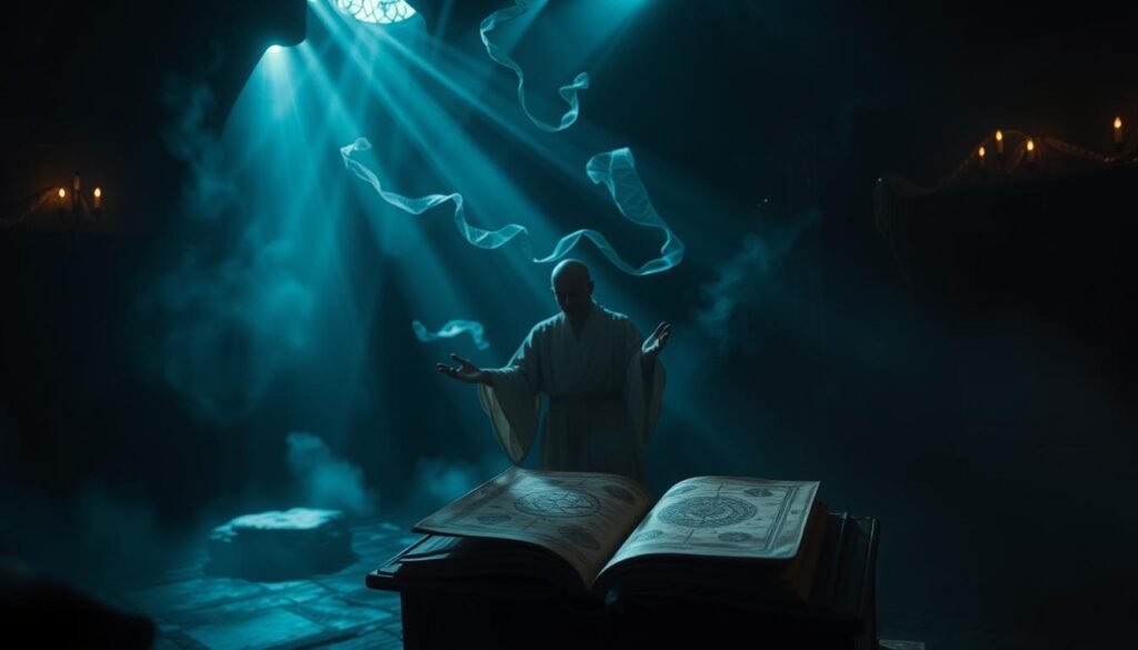 A dimly lit, oneiric chamber where prophetic dreams unfold. In the foreground, a figure in flowing robes stands before an ancient tome, hands outstretched in divination. Shafts of ethereal light pierce the gloom, illuminating occult symbols and esoteric sigils scrawled on the weathered pages. In the middle ground, wispy tendrils of mystical energy coalesce, hinting at the hidden meanings within the dreamscape. The background fades into a shadowy realm, suggesting the veil between the waking and the unseen worlds. Moody chiaroscuro lighting casts dramatic shadows, heightening the sense of portent and spiritual revelation.