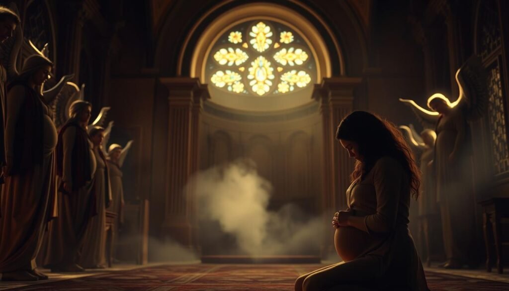 A dimly lit, ornate biblical scene depicts the symbolic meaning of pregnancy dreams. In the foreground, a pregnant woman kneels in prayer, her hands clasped tightly. Angelic figures hover around her, their robes and wings illuminated by a soft, heavenly glow. In the middle ground, a grand, ornate archway frames the scene, its intricate carvings and stained glass windows casting a reverent atmosphere. The background is shrouded in mist, hinting at the ethereal, mystical nature of the biblical interpretation of this dream. Subtle, warm lighting casts a serene, contemplative mood, as if this is a sacred, transcendent moment.