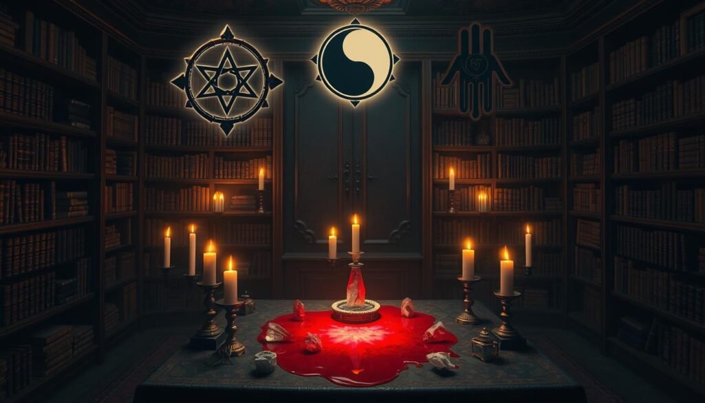 A dimly lit, ornate room with shelves of ancient tomes and mystical artifacts. In the center, a ceremonial table adorned with candles, crystals, and a glowing, ethereal pool of blood. Spiritual symbols from diverse cultures - a Celtic cross, a Yin-Yang, a Hamsa hand - hover above, casting an otherworldly glow. The atmosphere is one of deep contemplation and arcane knowledge, inviting the viewer to explore the complex, universal symbolism of blood in dream interpretation across the globe.