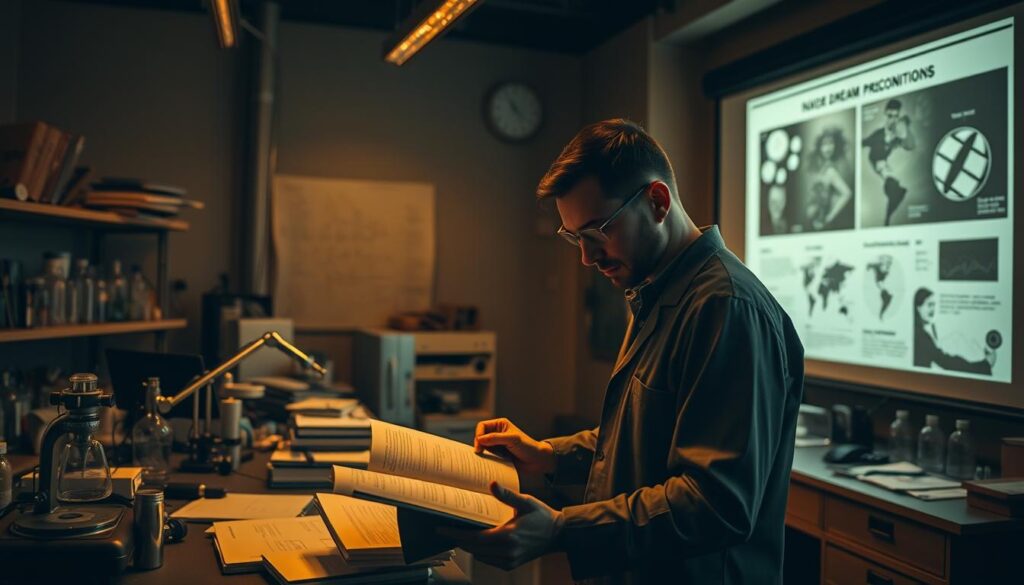 A dimly lit research lab, with an array of scientific instruments and equipment on the workbenches. In the foreground, a researcher examines a series of dream journals and notes, brow furrowed in concentration. Soft, amber lighting casts a contemplative glow, hinting at the profound nature of the investigation. In the background, a large projection screen displays graphs, charts, and imagery related to the study of dream premonitions and their potential connection to reality. The atmosphere is one of thoughtful inquiry, where the boundaries between the subconscious and the physical world are being meticulously explored.