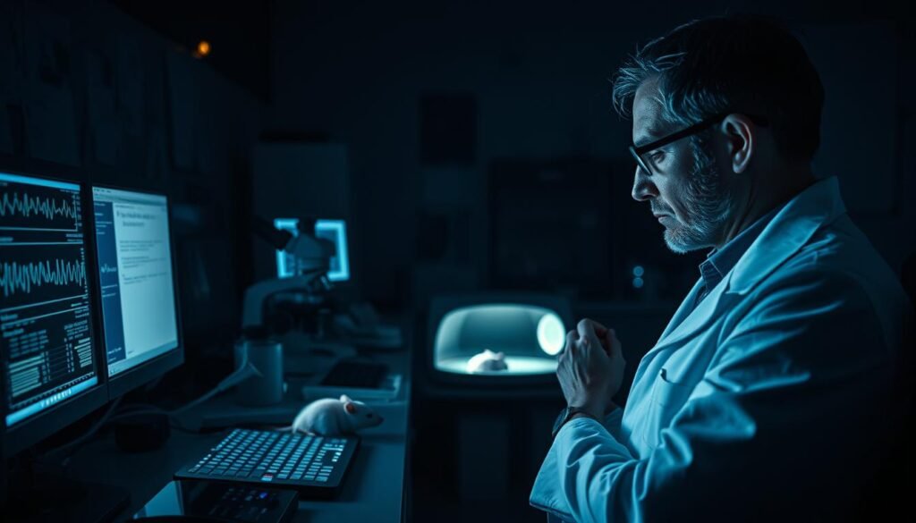 A dimly lit research laboratory, illuminated by the glow of computer screens and microscopes. In the foreground, a scientist in a white lab coat studies data from a series of electroencephalograph (EEG) readings, intently analyzing the brainwave patterns of a small, peaceful white rat sleeping in a specialized observation chamber. The middle ground features various scientific instruments and equipment, hinting at the ongoing investigation into the nature of animal dreams. The background is shrouded in shadows, creating an atmosphere of focused, serious scientific inquiry into the mysteries of the subconscious mind. Moody, cinematic lighting casts dramatic shadows, conveying the weight and importance of this research.