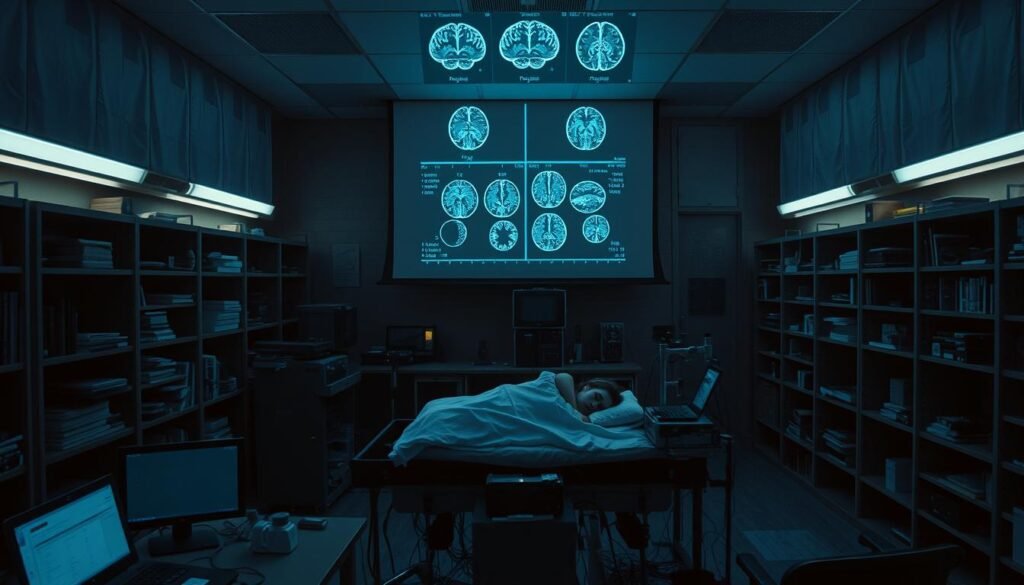 A dimly lit research laboratory, illuminated by the soft glow of monitors and the occasional flash of a camera. In the center, a sleeping subject lies atop a sleep monitoring device, surrounded by an array of scientific instruments. Shelves along the walls hold books, journals, and equipment, hinting at the depth of research into the enigmatic world of dreams. The atmosphere is one of focused inquiry, as scientists work to unravel the mysteries of the subconscious mind. Overhead, a large projection screen displays visualizations of brain activity, offering a glimpse into the complex neural processes that underlie the dreamscape.