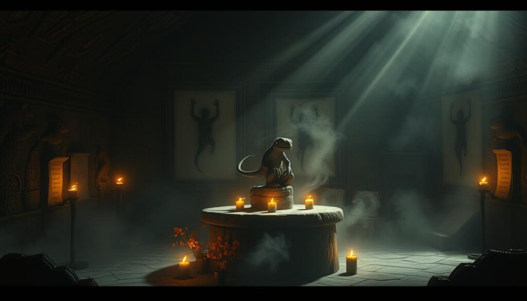 A dimly lit ritual chamber, ancient stone walls adorned with intricate carvings of lizard-like creatures. In the center, a large stone altar surrounded by flickering torchlight, casting haunting shadows. Atop the altar, a carved lizard figurine emitting a faint glow, its eyes seemingly alive. Mist swirls around the chamber, creating an otherworldly, dreamlike atmosphere. The walls are lined with old parchments and scrolls, hinting at the deep, symbolic meaning of the lizard in this sacred space. Shafts of moonlight pierce the gloom, illuminating the scene with an ethereal, mystical quality.