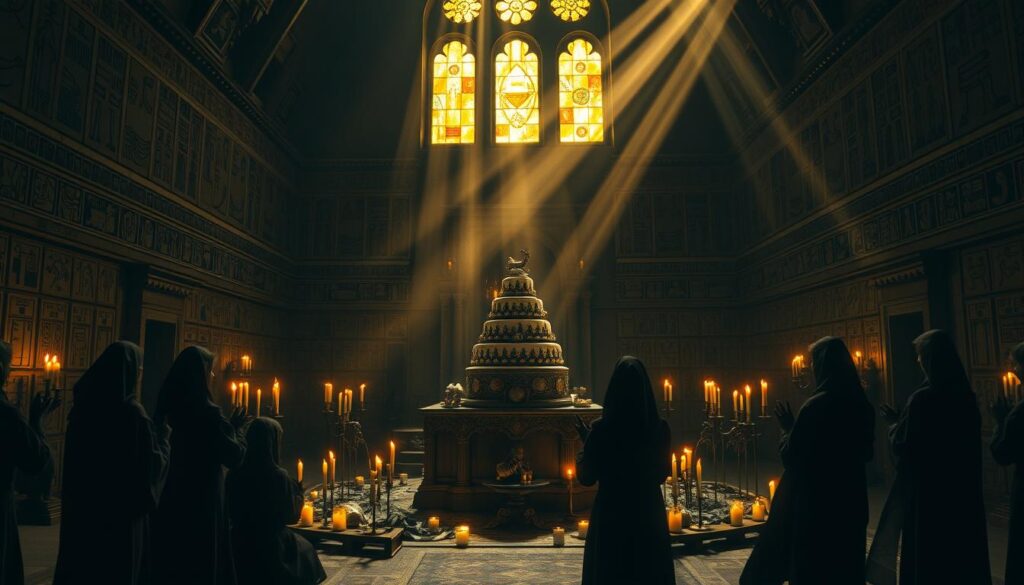 A dimly lit ritual chamber, the walls adorned with ancient hieroglyphics and symbols. In the center, a large ornate cake stands atop a ceremonial altar, surrounded by burning candles and offerings. Robed figures gather in a circle, their faces obscured in shadow, performing a sacred chanting ritual. Beams of golden light filter in through stained glass windows, casting a warm, mystical glow throughout the space. The atmosphere is one of reverence and deep spiritual significance, as the ancient cake rituals unfold in this timeless, otherworldly setting.