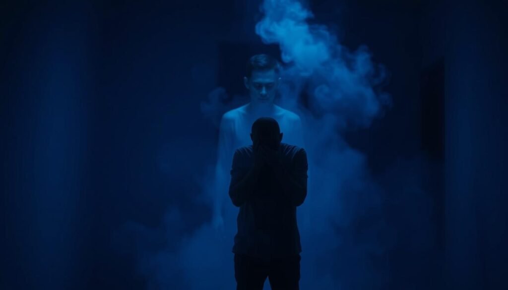 A dimly lit room, bathed in an eerie, indigo glow. In the foreground, a figure stands, shoulders hunched, hands covering their face, consumed by anguish and guilt. Their form is hazy, obscured by a swirling mist that seems to emanate from their very being. The middle ground reveals a shadowy outline, a ghostly representation of a person, hinting at the source of the figure's torment. Subtle tendrils of darkness reach out, enveloping the room, creating a sense of unease and emotional turmoil. The background is a blurred, ethereal landscape, suggesting a dreamlike state, where the boundaries between reality and subconscious blend seamlessly. The lighting is low-key, casting dramatic shadows and highlighting the somber, contemplative mood. The overall scene conveys a powerful sense of inner conflict, the struggle to process intense emotions and confront the psychological consequences of one's actions.