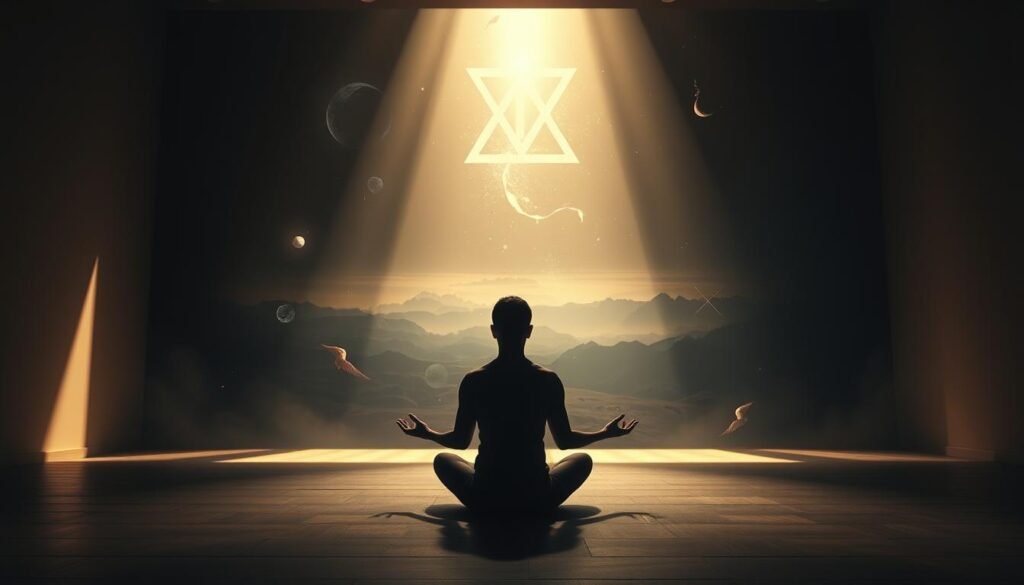 A dimly lit room bathed in soft, ethereal light. In the foreground, a serene figure sits cross-legged, eyes closed in deep meditation. Wisps of mystical energy swirl around them, hinting at the profound inner exploration taking place. The middle ground reveals a vast, dreamlike landscape, with surreal, floating elements that defy the constraints of physical reality. In the background, abstract patterns and symbols emerge, representing the intricate tapestry of subconscious insights and spiritual revelations. The overall atmosphere is one of tranquility, contemplation, and the pursuit of deeper self-understanding through the lens of the divine.