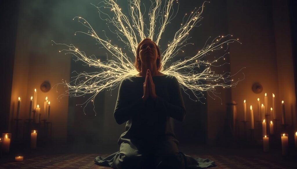 A dimly lit room, candles flickering, casting a warm, mystical glow. In the center, a figure kneeling in prayer, hands clasped, a serene expression on their face. Emanating from them, shimmering, ethereal threads of light, forming a protective barrier against the shadowy, ominous figures lurking in the background. The air feels charged with spiritual energy, a sense of divine intervention shielding the individual from unseen forces. Soft, muted colors, a sense of tranquility and inner strength pervading the scene. The composition draws the eye to the central figure, the protective energy radiating outward.