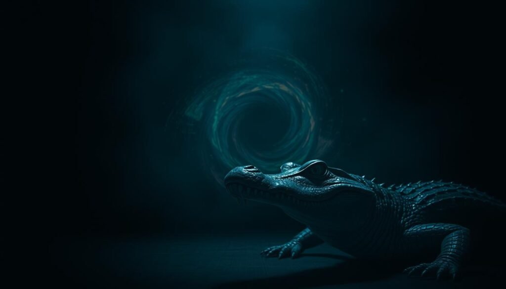 A dimly lit room, cast in a hazy, dreamlike atmosphere. In the foreground, a large crocodile emerges from the shadows, its piercing eyes reflecting the anxiety and fear of the dreamer. The creature's scaly skin glistens, adding to the sense of unease. In the middle ground, the dreamer's subconscious is represented by a swirling, abstract vortex of colors and shapes, symbolizing the turmoil and uncertainty within. The background is a vast, dark expanse, suggesting the vastness and power of the subconscious mind. The lighting is soft and atmospheric, creating a sense of mystery and foreboding. The overall composition conveys the connection between the crocodile, a symbol of deception and danger, and the dreamer's own fears and anxieties.