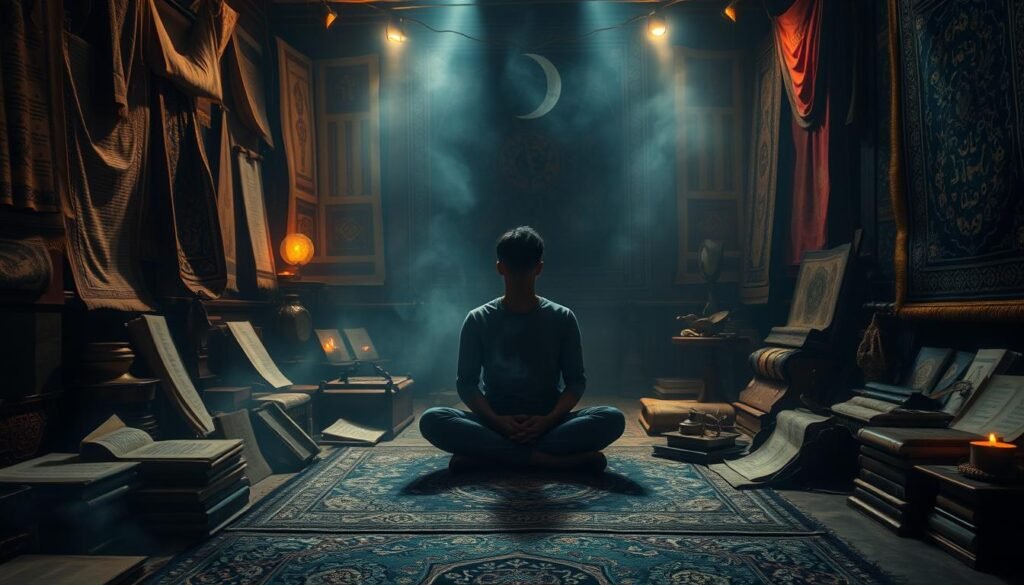 A dimly lit room filled with an array of cultural artifacts, from ancient scrolls to intricate tapestries, creating an atmosphere of mystical exploration. In the foreground, a collage of dream symbols and interpretations from diverse traditions - a crescent moon, a snake, a dagger - floating amidst a hazy, ethereal light. In the middle ground, a central figure, their face obscured, sits cross-legged, meditating on the depths of dream wisdom. The background fades into a dreamscape of swirling colors and indistinct shapes, hinting at the universal nature of the subconscious. Soft, warm lighting casts a serene, contemplative mood, inviting the viewer to delve into the richness of cultural perspectives on the spiritual significance of nosebleeds in dreams.