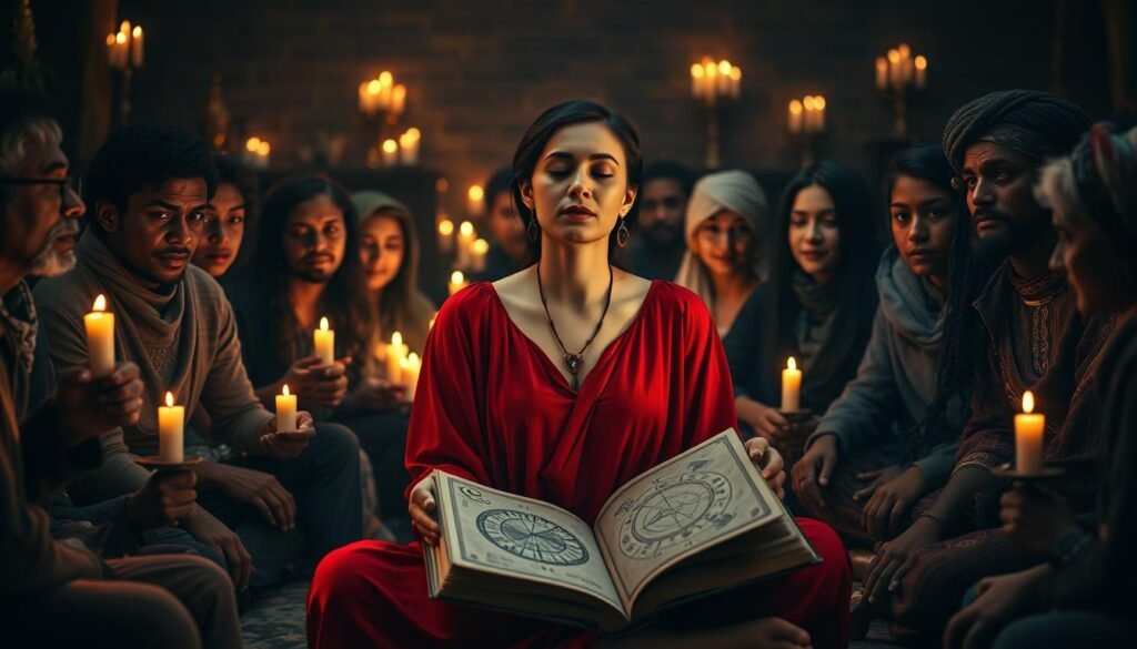 A dimly lit room filled with the ethereal glow of candles, their flickering light casting shadows across the faces of diverse individuals from around the world, each engaged in the ancient art of dream interpretation. In the foreground, a woman in a flowing red dress sits cross-legged, her eyes closed in deep contemplation, her hands resting gently on an open book filled with arcane symbols and mystical diagrams. Surrounding her, a tapestry of cultures unfolds, with each person offering their unique perspective on the universal language of dreams, their expressions ranging from intense concentration to serene understanding. The scene is infused with a sense of timelessness, as if this moment of shared wisdom has transcended the bounds of geography and tradition.