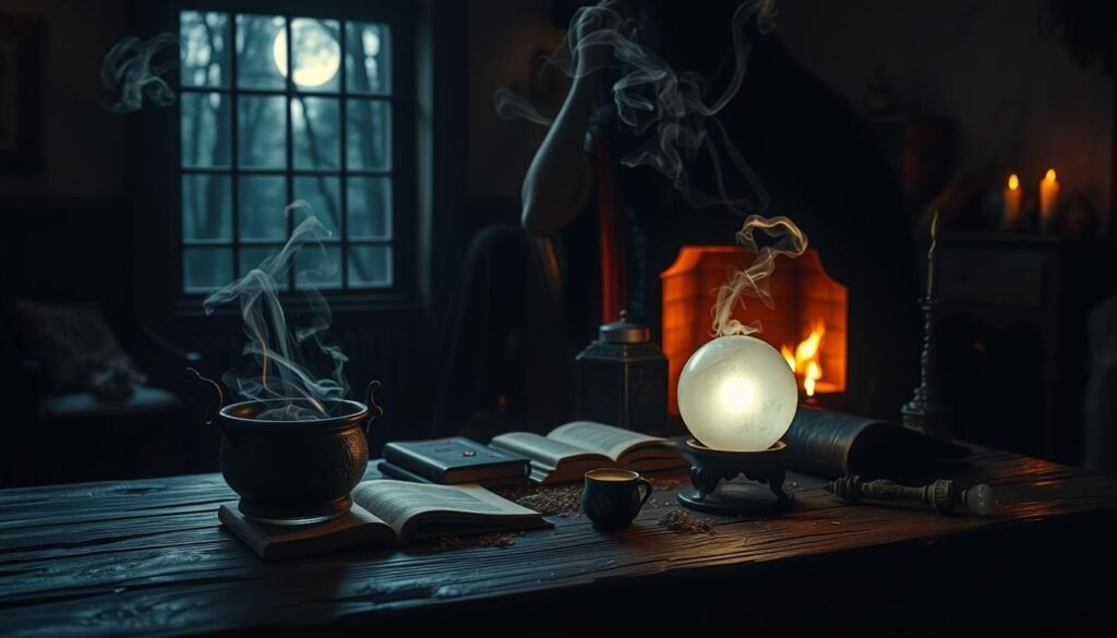 A dimly lit room, illuminated by the soft glow of a crackling fireplace. In the foreground, a weathered wooden table holds an array of mystical objects - a bubbling cauldron, a glowing crystal ball, ancient tomes, and delicate herbs. Wisps of ethereal smoke curl upwards, imbuing the scene with an air of mysticism. The middle ground features a shadowy figure, their features obscured, engrossed in the ritual before them. In the background, a window reveals a moonlit forest, hinting at the otherworldly nature of the encounter. The lighting is moody and atmospheric, casting dramatic shadows that accentuate the occult symbolism. An air of mystery and intrigue pervades the scene, inviting the viewer to delve deeper into the hidden meanings of the witch's dream world.