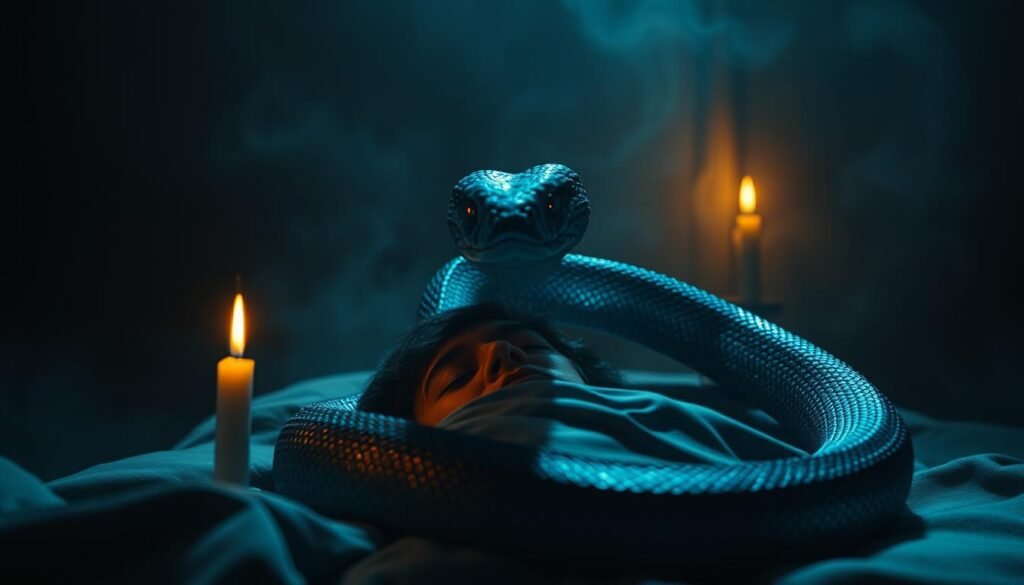 A dimly lit room, illuminated by the soft glow of a single candle. In the center, a sleeping figure, their face partially obscured by the undulating coils of a majestic blue snake. The serpent's scales shimmer with an otherworldly radiance, its piercing gaze seemingly peering into the depths of the dreamer's subconscious. The background is a hazy, dreamlike landscape, with faint shadows and whispers of hidden knowledge. The camera captures the scene from a low angle, emphasizing the power and mystery of the snake's presence. Cinematic lighting and a sense of tension and introspection pervade the atmosphere, inviting the viewer to delve into the symbolic meaning of the snake's behavior in this dream-like realm.