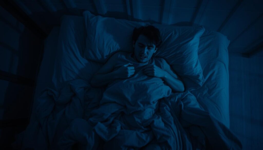 A dimly lit room, shadows dancing on the walls, a figure tossing and turning in the bed, caught in the throes of a recurring nightmare. The lighting is somber, a deep blue hue casting an ominous atmosphere. The camera angle is from above, creating a sense of unease and vulnerability. In the foreground, the figure's face is contorted in fear, their hands clutching the sheets as they struggle against an unseen foe. The middle ground reveals a tangled mess of bedding, a metaphor for the mental anguish and disrupted sleep patterns. The background fades into a blurred, hazy realm, suggesting the subconscious realm where these nightmares originate. The overall mood is one of anxiety, dread, and the deep-seated fear that plagues the subconscious mind.