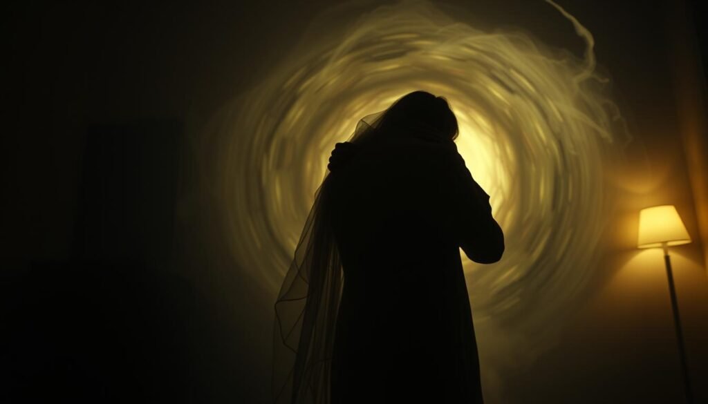 A dimly lit room, the air heavy with the weight of grief. In the foreground, a figure - a ghostly apparition of a loved one, their ethereal form embracing the dreamer, offering solace and comfort. The background a swirling vortex of memories, emotions, and the subconscious, a psychological exploration of the profound connection between the living and the departed. Soft, muted tones create an atmosphere of contemplation, the scene bathed in a warm, soothing light that emanates from an unseen source. The camera angle suggests a intimate, personal perspective, drawing the viewer into the private moment of healing and understanding.