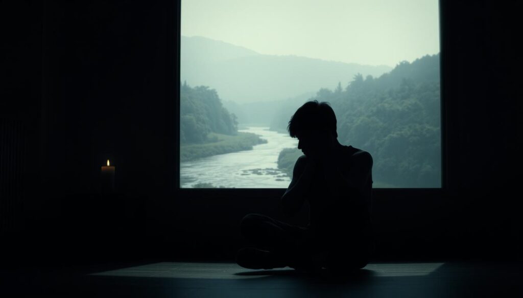 A dimly lit room, the shadows cast by a single candle flickering on the walls. In the foreground, a person sits cross-legged, their face in their hands, burdened by the weight of life's stressors - deadlines, bills, relationships. The middle ground reveals a dreamlike reflection, a serene landscape with a flowing river and lush greenery, a sanctuary of calm amidst the chaos. The background is hazy, suggesting the subconscious realm, where the mind seeks solace and escape. Soft, muted tones create an introspective, melancholic atmosphere, inviting the viewer to ponder the delicate balance between the demands of waking life and the restorative power of the dream world.