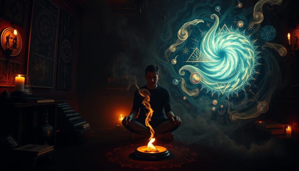 A dimly lit room, the walls adorned with arcane symbols and ancient tomes. In the center, a figure sits cross-legged, deep in contemplation, their face obscured by shadows. Wisps of smoke curl from a burning incense, casting an ethereal glow. Surrounding them, a swirling vortex of psychedelic imagery - fractals, kaleidoscopic patterns, and ghostly apparitions that seem to emerge from the subconscious. The lighting is a mix of warm and cool tones, creating a sense of inner turmoil and hidden depths. The overall atmosphere is one of introspection, mysticism, and the exploration of the hidden realms of the mind.