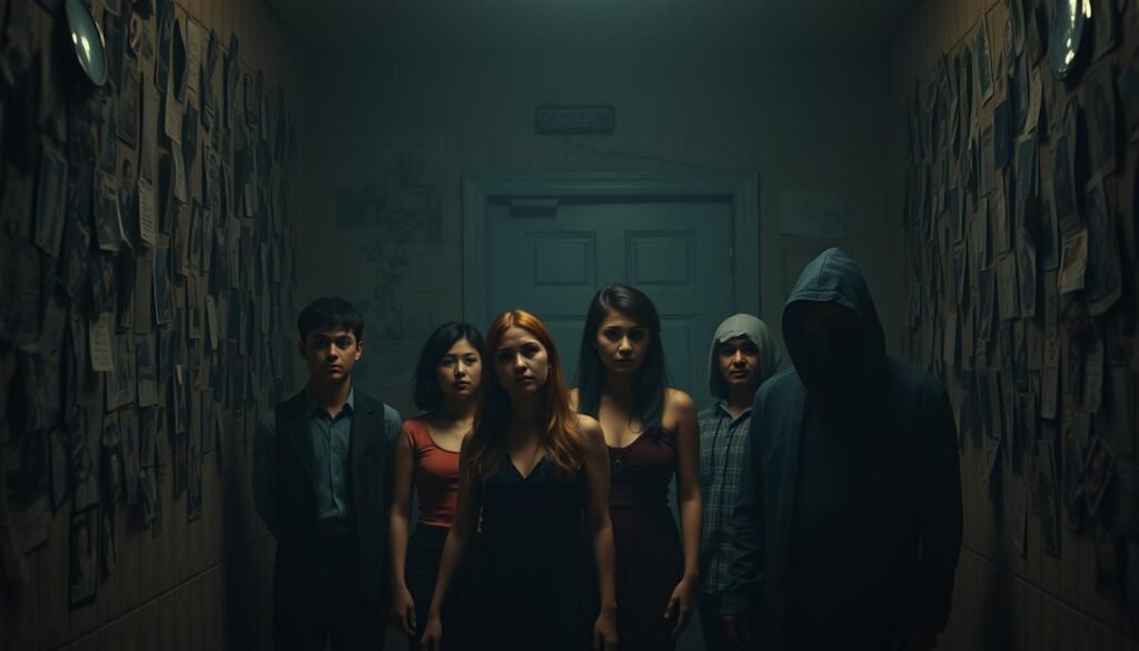A dimly lit room, the walls covered in fading memories. In the center, a group of recurring dream characters gather - an old crush, a childhood friend, a family member, and a mysterious stranger. Their expressions are pensive, as if reflecting on unfinished business. Soft, warm lighting casts a gentle glow, creating an atmosphere of introspection. The scene is rendered with a cinematic quality, the characters' faces filled with emotion, suggesting the complex narratives that unfold within the subconscious. A sense of nostalgia and the unknown permeates the image, inviting the viewer to ponder the significance of these recurring dream figures.