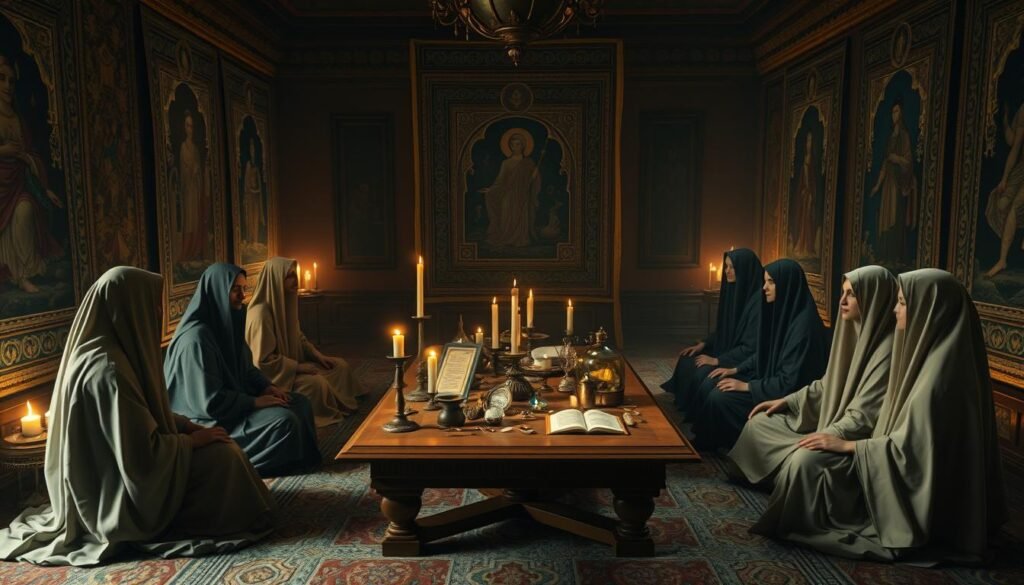 A dimly lit room, walls adorned with intricate tapestries and symbolic artwork from diverse cultural traditions. In the center, a large wooden table holds an array of artifacts &ndash; candles, crystals, scrolls, and mystical trinkets. Around the table, figures in flowing robes and veils sit in a meditative pose, their eyes closed as they interpret the meaning of a funeral dream, each bringing their unique cultural perspective. Soft, warm lighting casts a dreamy, contemplative atmosphere, hinting at the deep, universal significance of this shared human experience.