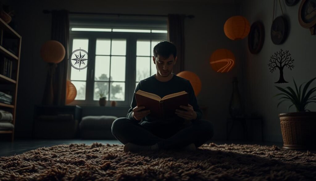 A dimly lit room with a cozy, introspective atmosphere. In the foreground, a person sits cross-legged on a plush, earth-toned rug, gazing intently at a book open in their lap. Surrounding them, a collection of symbols and imagery representing life paths and spiritual guidance - a compass, a winding road, a tree of life, and abstract shapes in warm, earthy tones. In the background, a large window allows soft, natural light to filter in, casting a serene, contemplative glow. The overall tone conveys a sense of inner exploration, self-discovery, and the search for meaning in one's life journey.