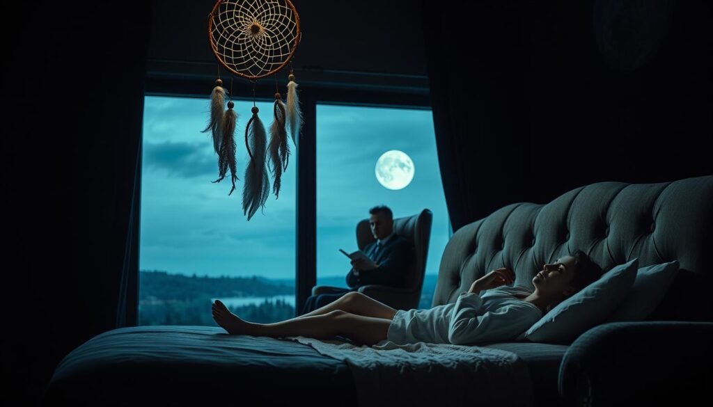 A dimly lit room with a therapist's couch and a patient lying on it, deep in thought. Overhead, a dreamcatcher hovers, its intricate web casting a soft, ethereal glow. In the background, a large window overlooking a serene, moonlit landscape, hinting at the subconscious realms being explored. The therapist, seated in a high-backed chair, observes the patient with a contemplative expression, pen and notebook in hand, ready to analyze the depths of the patient's psyche. The scene is infused with a sense of mystery and a quest for self-discovery, capturing the essence of dream psychology analysis.