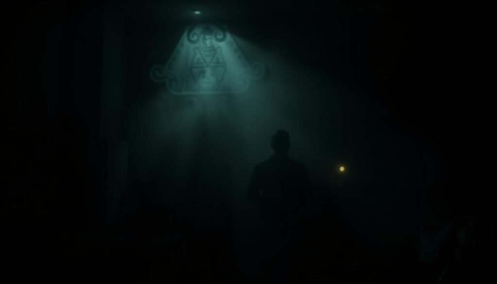 A dimly lit room, with eerie shadows cast across the walls. In the foreground, a series of abstract shapes and patterns, seemingly pulsing and undulating, representing the complex symbology of dream analysis warnings. The middle ground features a shadowy figure, obscured and indistinct, hinting at a deeper, unseen presence. The background is a swirling, nebulous haze, suggesting the murky, subconscious realm of the mind. Subtle, flickering lights cast an uneasy, unsettling glow, heightening the sense of unease and foreboding. The overall atmosphere is one of unease, tension, and the unseen forces at work within the realm of the subconscious.