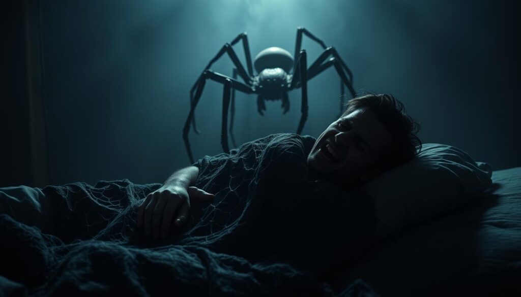 A dimly lit, shadowy room. In the foreground, a restless figure lies tangled in a web-like blanket, their face contorted in a visceral expression of fear and anxiety. Their hands grasp at the sheets, as if trying to escape the confines of their own subconscious. In the middle ground, a larger-than-life spider, its legs poised and eyes gleaming, looms over the figure, a symbol of the primal terror and the struggle for control. The spider's presence is both menacing and hypnotic, drawing the viewer into the scene. The background is hazy, with muted colors and a sense of unease, creating an unsettling atmosphere that reflects the inner turmoil of the dreamer. Soft, directional lighting casts dramatic shadows, heightening the sense of tension and foreboding.