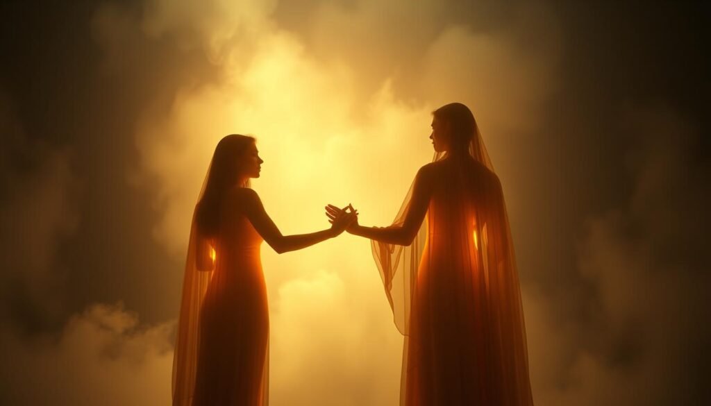 A dimly lit spiritual realm, where twin figures stand facing each other, their ethereal forms emanating a warm, luminous glow. In the foreground, the twins' hands are clasped, a mystical connection pulsing between them. The middle ground is shrouded in a hazy, dreamlike mist, while the background is a swirling tapestry of celestial patterns and cosmic energy. Soft, diffused lighting casts a serene, contemplative atmosphere, evoking a sense of inner reflection and the profound bond between these spiritual twins. The composition is balanced, with the figures centrally positioned, drawing the viewer's focus to the symbolic significance of their encounter.