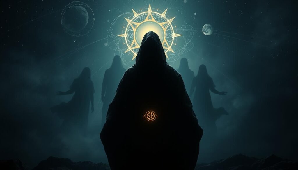 A dimly lit, spiritual realm with a dreamlike quality. In the foreground, a figure representing biblical dream interpretation, cloaked in mystical robes and surrounded by ethereal symbols and glyphs. In the middle ground, shadowy spiritual entities swirl and converge, symbolizing the concept of "spiritual attacks." The background depicts a starry night sky, with heavenly bodies casting an otherworldly glow and alluding to the divine nature of dreams and visions. The scene is imbued with a sense of reverence, mystery, and the intricate interplay between the physical and spiritual realms.