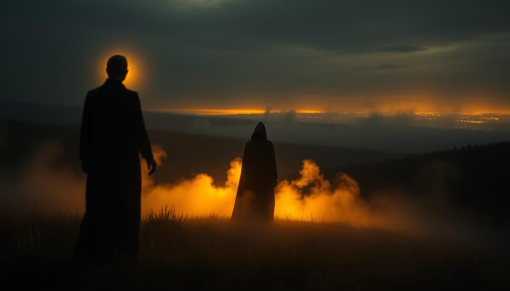 A dimly lit spiritual realm, with a sense of tranquility and introspection. In the foreground, a radiant figure representing the soul, surrounded by a gentle glow. In the middle ground, a cloaked figure symbolizing the transition from life to the afterlife, standing amidst swirling mists. In the background, a serene landscape with a glowing horizon, hinting at the peace and illumination that lies beyond. The scene is bathed in a warm, golden light, conveying a sense of the sacred and the profound. Soft, blurred edges give the image a dreamlike, ethereal quality, reflecting the mystical nature of the subject matter.