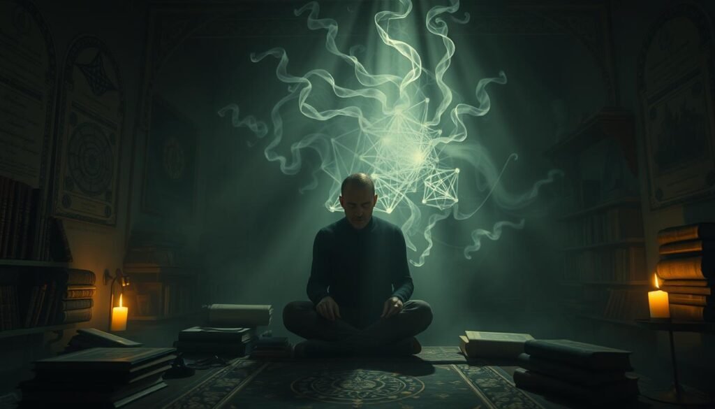 A dimly lit study, adorned with occult symbols and ancient tomes. In the center, a figure sits cross-legged, deep in contemplation, their face obscured in shadow. Surrounding them, wisps of ethereal energy swirl, hinting at the subconscious realms being explored. The walls are lined with mystical diagrams and arcane scripts, casting an otherworldly glow. The atmosphere is heavy with the weight of revelation, as the subject delves into the analysis of their most unsettling dreams. Intricate fractal patterns emerge, representing the complex layers of the psyche. A sense of unease pervades the scene, yet there is also a glimmer of understanding, as if the answers to the most profound questions lie just beyond the veil.